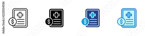 Medical Billing Cost Multiple Style Icon Design Vector - Medical document with dollar coin representing healthcare cost, medical billing, and health insurance claim