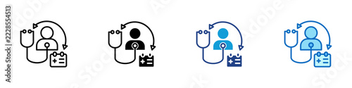 Medical Checkup Appointment Multiple Style Icon Design Vector - Doctor with stethoscope and calendar representing medical checkup, appointment booking, and patient follow-up
