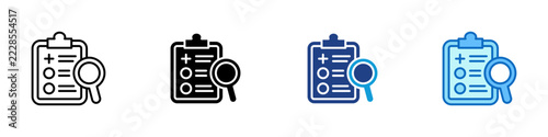 Medical Examination Checklist Multiple Style Icon Design Vector - Clipboard with checklist and magnifying glass representing medical examination, health record review, and diagnosis