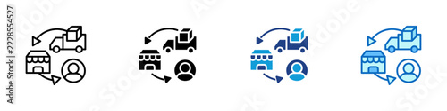 Order Delivery Fulfillment Multiple Style Icon Design Vector - Delivery truck with package, store, and customer representing order fulfillment, logistics, and supply chain