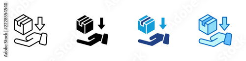 Parcel Delivery Receiving Multiple Style Icon Design Vector - Package with downward arrow and open hand representing parcel delivery, order receiving, and shipment handover