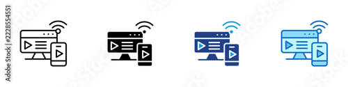 Online Video Streaming Multiple Style Icon Design Vector - Monitor and smartphone with play buttons and wifi representing video streaming, online learning, and webinar