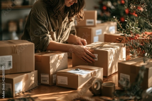 Woman preparing and labeling cardboard parcels for Christmas orders in a home ecommerce business.