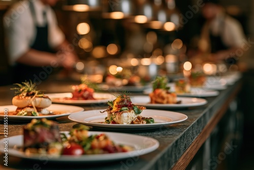 Fine dining dishes lined up on a restaurant kitchen pass as chefs prepare festive dinner service.