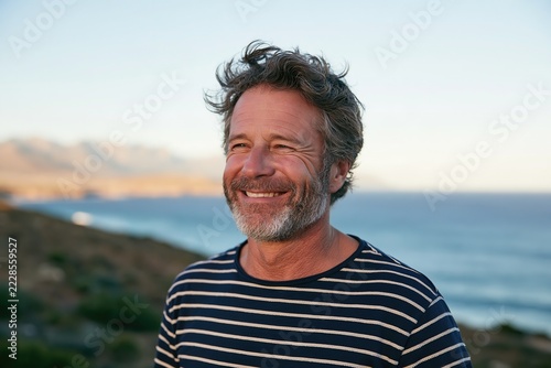Smiling bearded man enjoying a peaceful moment beside the sea in warm evening light