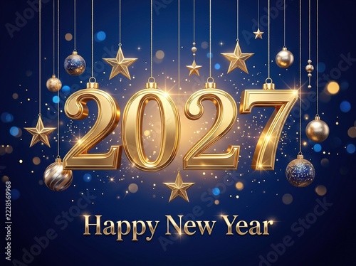 Festive Happy New Year 2027 Banner with Hanging Golden Numbers, Stars, and Ornaments on Blue Bokeh Background