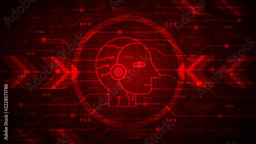 Red abstract AI robot head and digital cyber attack warning interface on dark technology background for Cybersecurity technology concept 