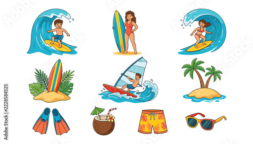Canvas Print Summer surfing and beach holiday sticker set