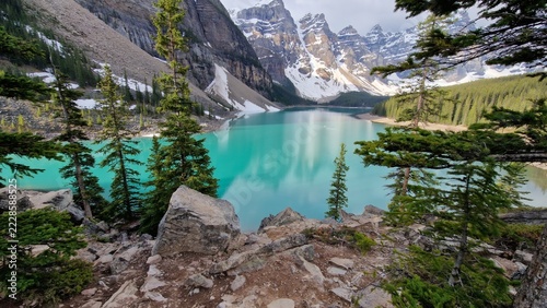 View of Moraine Lake with turquoise water, surrounded by the snow-capped Valley of the Ten Peaks, framed by evergreen trees in Improvement District No. 9, Alberta, Canada.