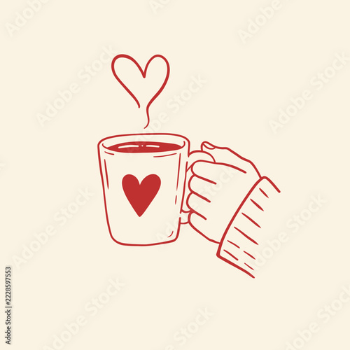 Hand-drawn red line art illustration of a hand in a cozy knit sweater holding a hot coffee mug with heart motif and heart-shaped steam on cream background for Valentine and cafe drink designs