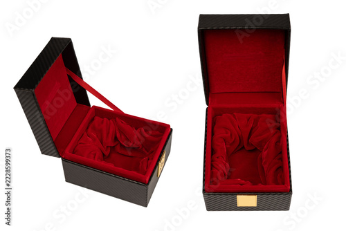 Black empty box covered with red velvet isolated on a white background.