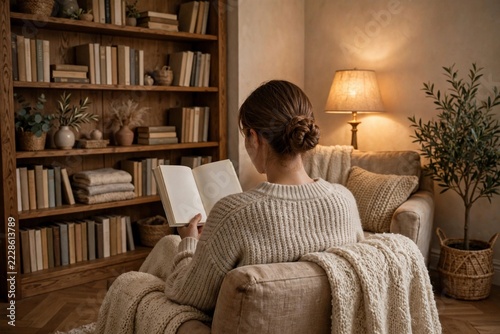Person Reading Book in Cozy Corner, Viewed from Behind
