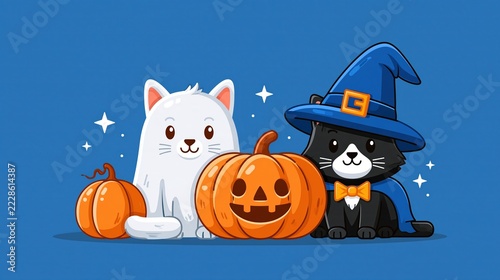 Cute Halloween cats with pumpkins and stars on blue background