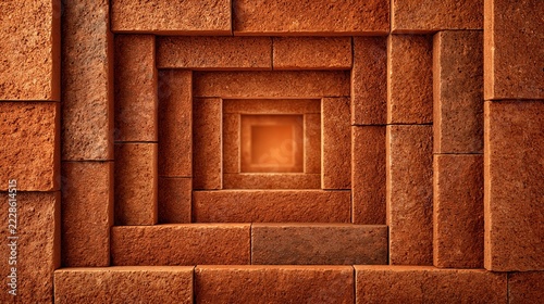Abstract brick tunnel with receding squares and warm light