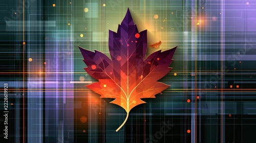 Digital maple leaf with abstract geometric background
