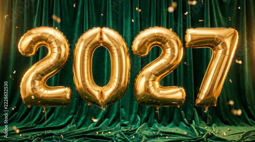 Golden 2027 number balloons against a luxurious green velvet backdrop