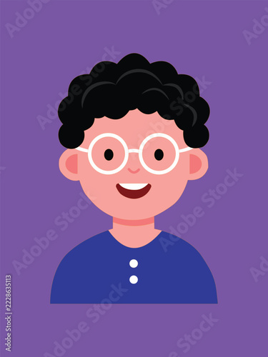 Cute Cartoon Boy Avatar with Curly Black Hair and Round Glasses on Purple Background