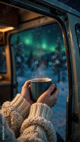 Hands holding hot drink beside snowy window in cozy vehicle interior