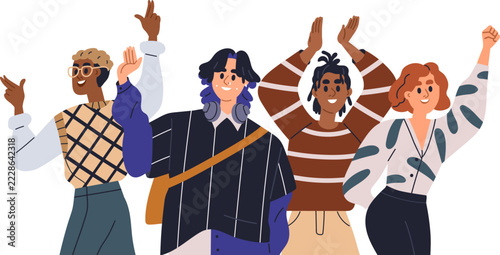 Happy young people together, group portrait. Diverse joyful excited character...