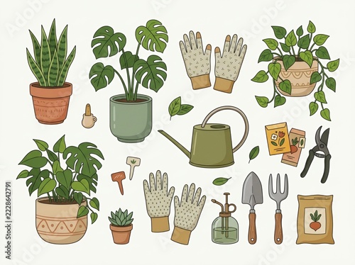 Gardening Tools and Houseplants Watercolor Illustration