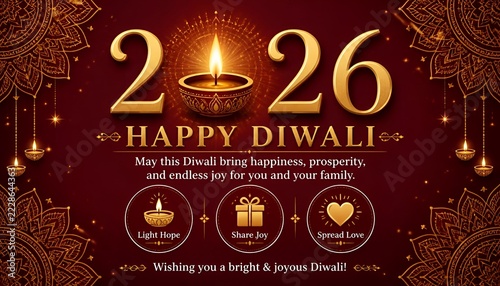 2026 Happy Diwali Greeting Card with Golden Diya, Ornamental Rangoli and Festive Wishes on Maroon Background
