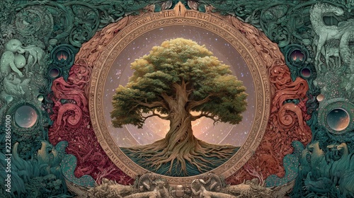 At the center of the cosmos, Yggdrasil, the World Tree, stands tall, its branches stretching through the nine realms, connecting gods, men, and beasts in an eternal cycle. 