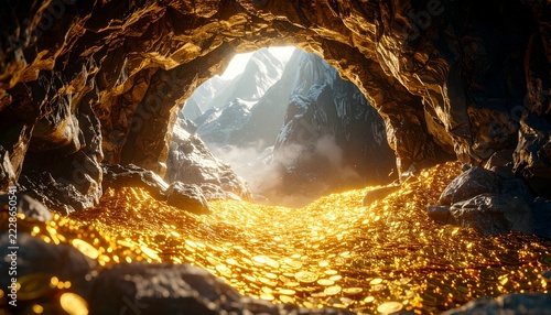 Stunning view of a mountain cave with sparkling gold river and bright daylight glow