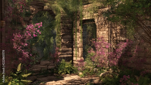 Behind ancient stone walls, a hidden garden flourished, untouched by the world, where vibrant flowers entwined with vines and jasmine scented the air, as if time had forgotten to pass.