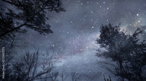Beneath a star-speckled sky, a cool breeze carried the earthy scent of moss and rustling leaves, as stars blinked like ancient eyes watching over a quiet world lost in cosmic beauty.