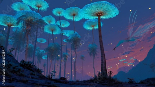 Bioluminescent palm trees sway on an alien island, where glowing fruit levitates above the ground and electric-blue birds hum through the air. 