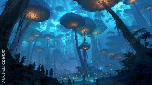 Colossal trees tower like mountains, their roots forming cities beneath glowing canopies where luminous creatures float through the mist. 