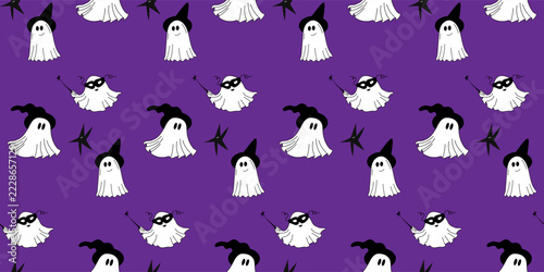 Ghost Phantom Seamless Pattern. Funny Halloween Holiday Spirit Wrapping Paper Decoration. Cute Spooky Boo Flying Magic Character. Autumn Holiday Family Greeting Party Wrap. Kid Textile Fabric Art