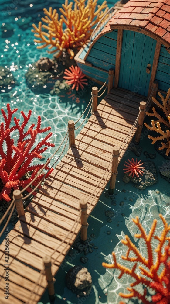 Fototapeta premium Underwater wooden pier leading to tropical hut with coral reef