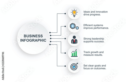 Business Infographic Template with Five Corporate Icons and Connected Process Diagram