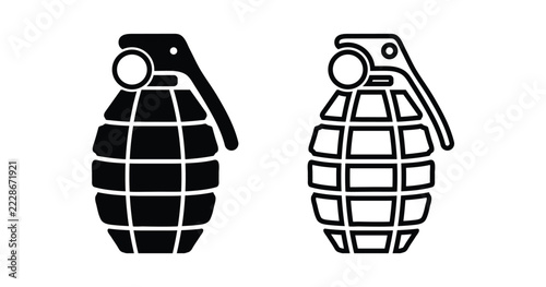 Grenade Icon Set with Pin, Safety Lever and Body Symbols. Outline and Solid Style Editable Vector Illustration