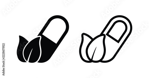 Herbal Medicine Icon Set with Capsule and Leaf Symbols. Outline and Solid Style Editable Vector Illustration.