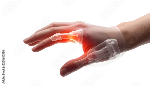 Adult Holding Painful Thumb with Transparent Bone and Joint Anatomy, Red Glow and Hand Health Concept