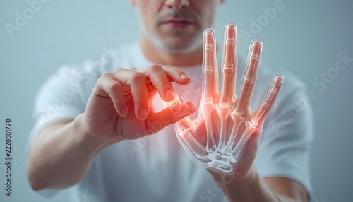 Adult Hands Showing Finger Joint Pain with Transparent Phalange Anatomy and Red Glow, Orthopedic Healthcare Concept