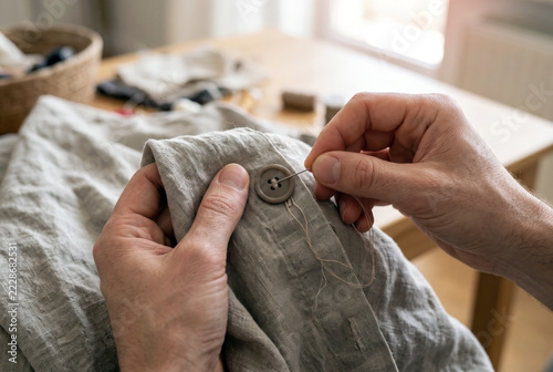 Close-up of hands holding a needle and thread to hand-sew a brown button onto a grey linen shirt garment.