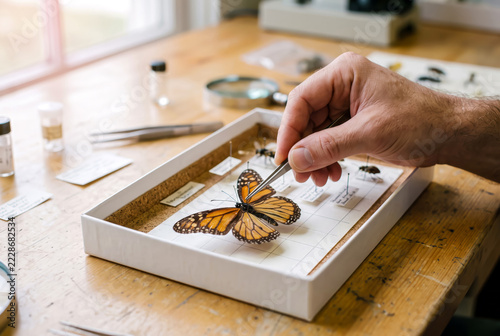Entomologist using tweezers to pin a monarch butterfly specimen inside a scientific insect collection box in a lab.