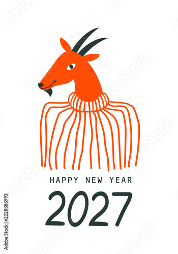 Obraz na plátně Marry christmas and Happy New Year card 2027 with goat. Vector