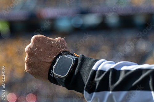Referee Checking Watch During Football Game With Crowd in Blurred Stadium Background