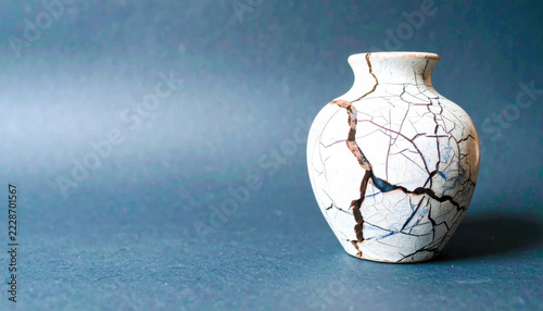 An antique ceramic vase showcasing the Japanese art of Kintsugi, with golden cracks highlighting its repaired imperfections.