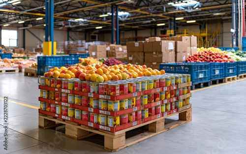 Supply chain and food security, large pallet of canned fruit and fresh produce in a warehouse distribution center for wholesale grocery logistics