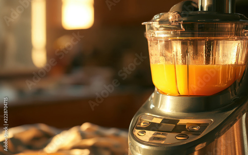 Food processor containing bright orange liquid on a kitchen counter with warm sunlight and blurred household surroundings in the background, close up appliance scene