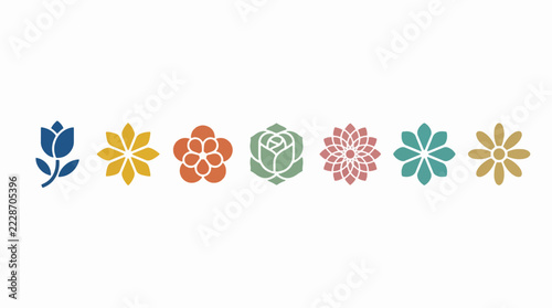 Seven colorful stylized flower icons arranged horizontally for floral branding and nature decoration