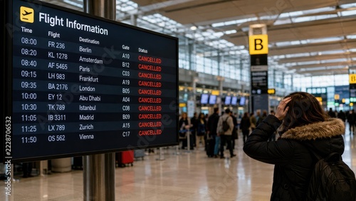 Airport terminal flight information board showing multiple cancelled flights as passengers check updates under gate B signage