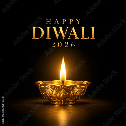 Elegant Happy Diwali 2026 celebration artwork featuring a beautifully engraved golden oil lamp with a bright flame, luxurious gold typography and classic black background.