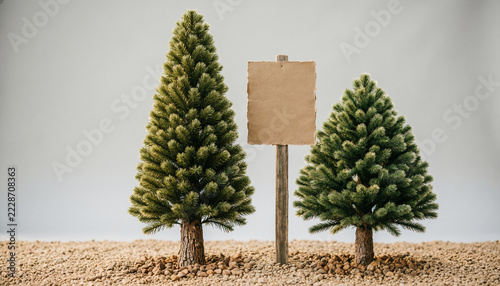 Two artificial green pine trees placed on gravel with a blank brown paper sign attached to a wooden stick standing between them on a light background, studio photography style.