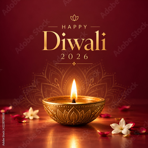 Elegant Happy Diwali 2026 greeting card with a glowing golden diya, decorative lotus mandala, delicate white flowers and festive petals on a rich red background.